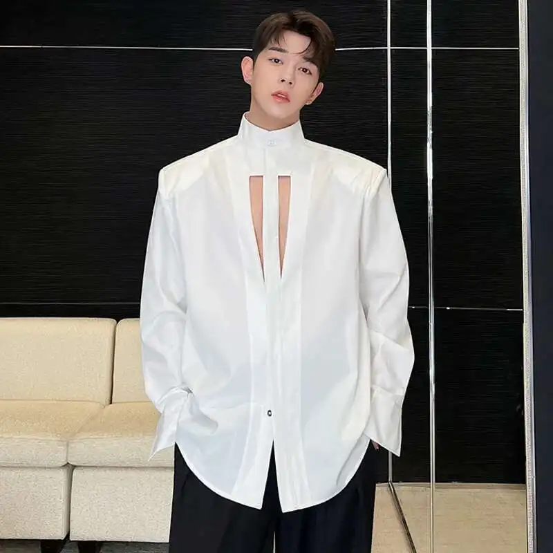 LUZHEN 2025 Hollow Out Design Casual Tops Men\'s Casual Korean Fashion Stand Collar Shirts Spring New Niche Design Clothes A38be8
