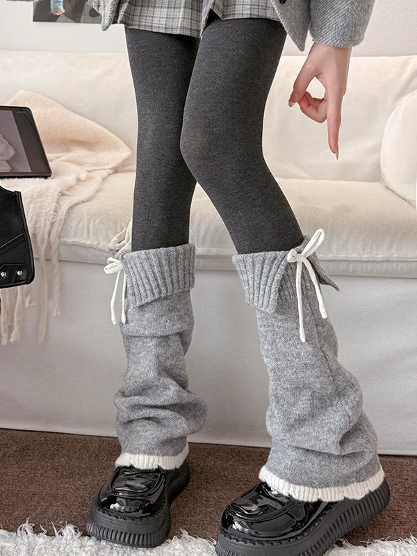 Gray Knitted Miu Style Leggings Socks for Women with  Knots Japanese Style Color Block Lace Design All Day Wear