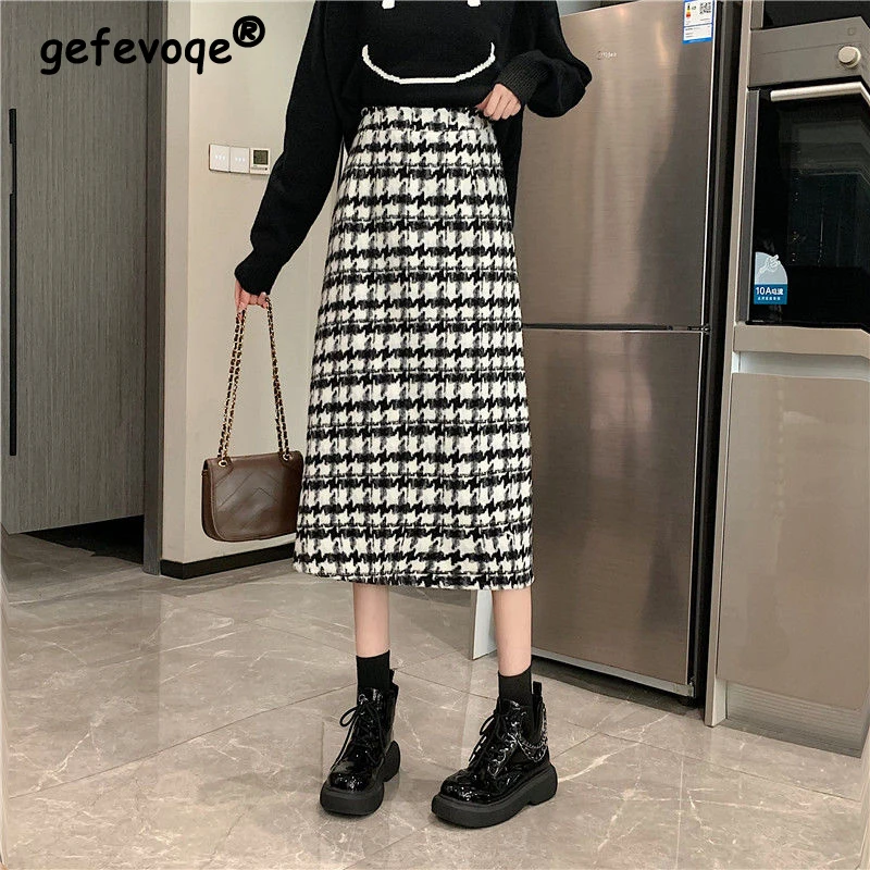 Elegant Woolen Cloth Houndstooth Print Midi Skirts for Women 2023 Fall Winter Fashion Casual Street High Waist Slim A Line Skirt