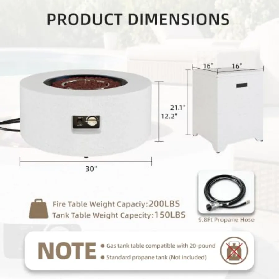 2-Piece Propane Fire Pit Table Set for outdoor use, terrazzo white finish, durable ceramic composite material, smokeless flame