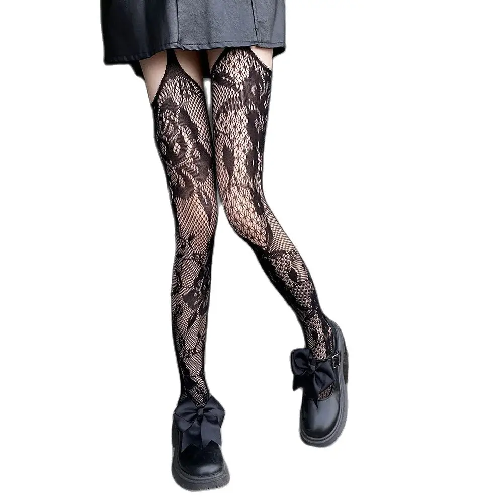 Sexy Floral and Hollow Suspender Stockings Woman Black Medias Transparent Thin Y2K Thigh High Socks Party Club Lingerie.