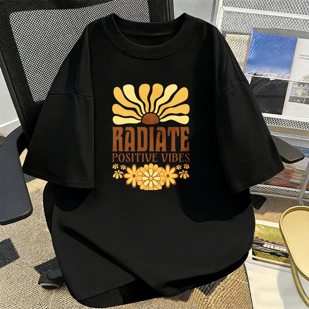 Radiate Positive Vibes Tees Retro Sunflower Graphic Men Women Cotton Fashion Tops Summer Fashion Vintage Casual Graphic Tshirts