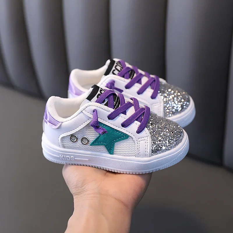 Кроссовки Детские Tênis Girls Sneakers Kids 2024Spring Bling New Fashion Sequins Sneakers Soft Soled Young Children Sports Shoe