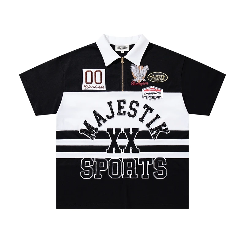 Herren Schwarz-Weiß Gestreiftes Poloshirt Halber Reißverschluss Strass-Totenkopf-Grafik Kurzarm Polo T-Shirt Y2K Streetwear Freizeitkleidung – Detail 6