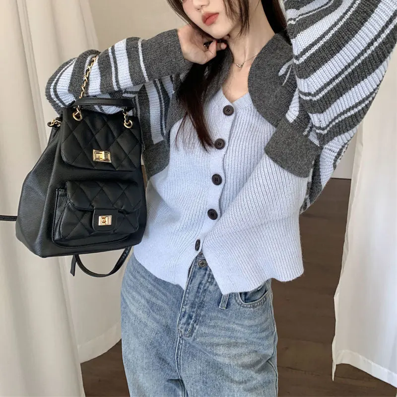 Fake Two Pieces Striped Cardigan Autumn Winter Stylish Patchwork Female Clothing Casual V-Neck Loose Korean Knitted Sweaters New