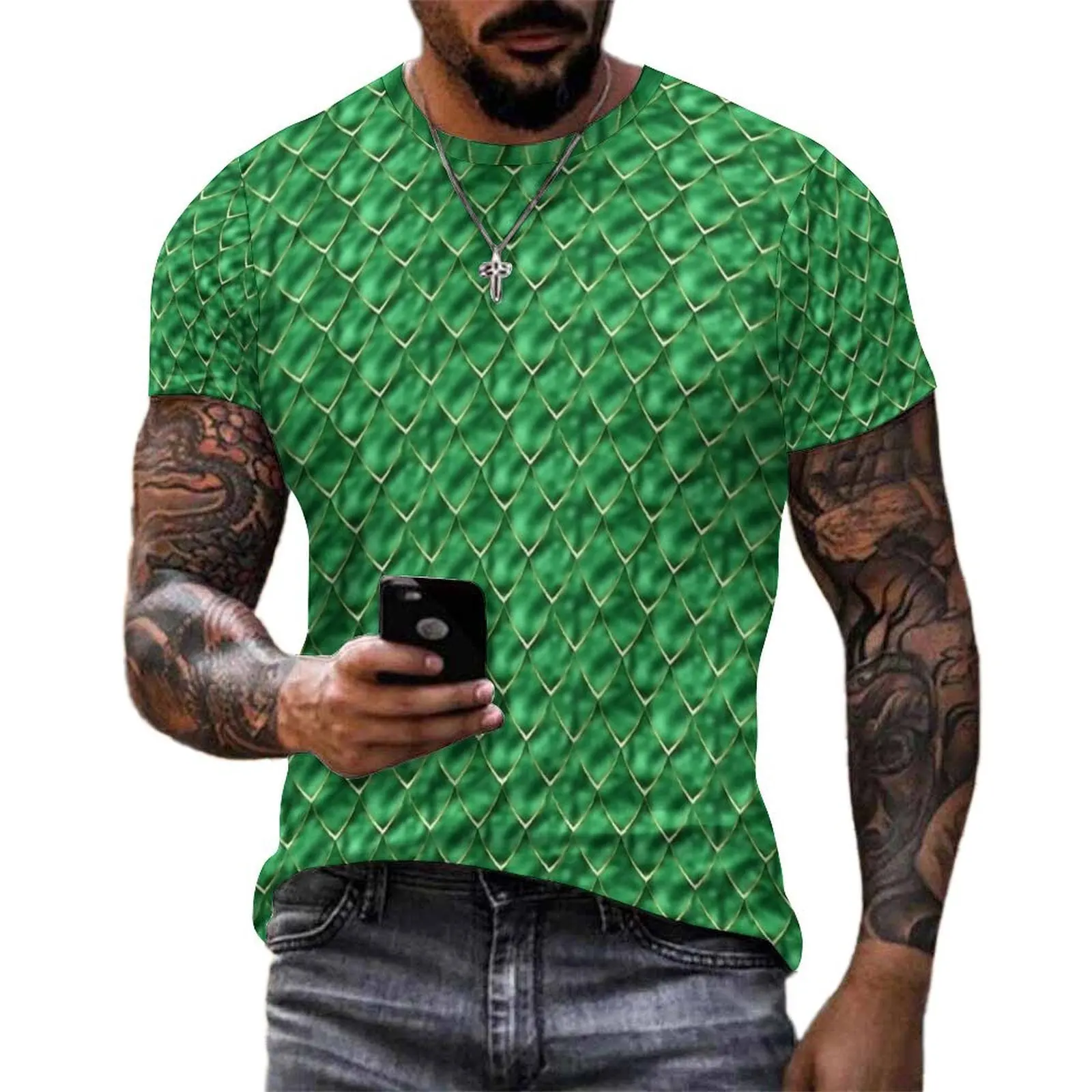 Emerald Mermaid Scale Print T-Shirt For Male Graphic O Neck T-Shirts Summer Fashion Tops Short Sleeve Y2K Fun Oversize Tees