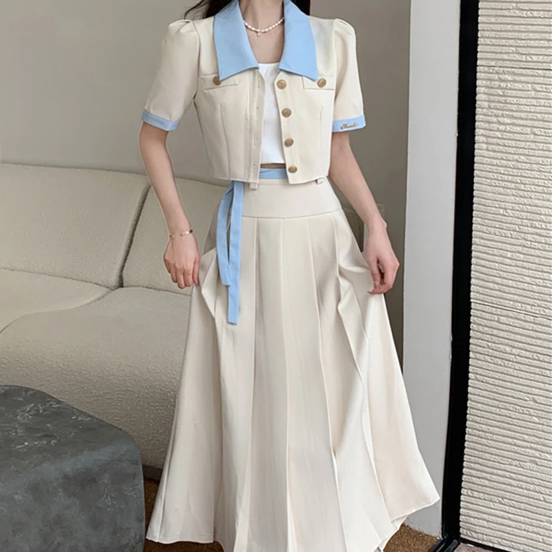 Two-piece skirt summer new sweet temperament lapel bubble sleeve shirt top female +A skirt two piece sets womens outifits