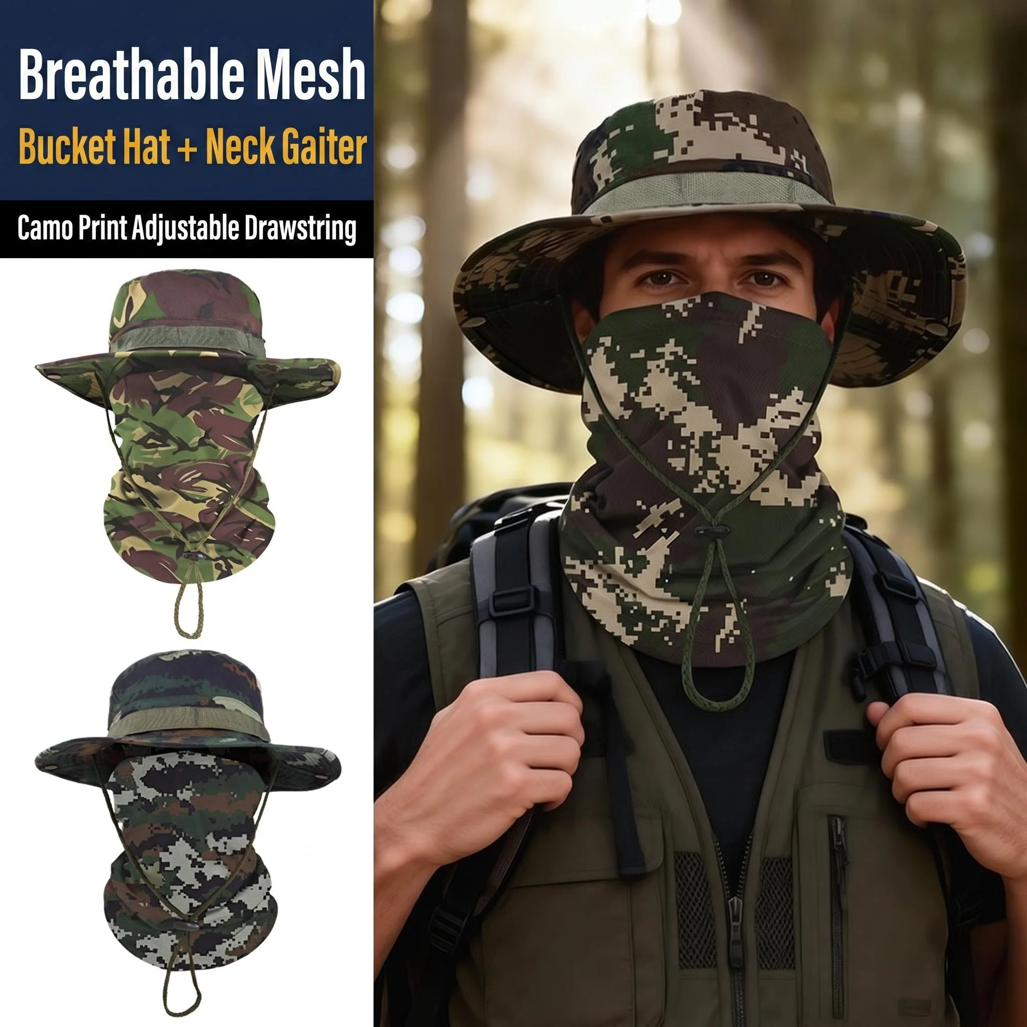 Camouflage Boonie Cap Balaclava Hat Suit Foldable Soft Hat Outdoor Hunting Fishing Wide Brimmed Hat Sunscreen Caps