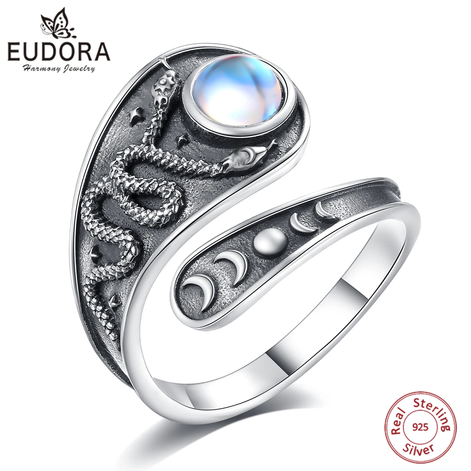 Eudora 925 Sterling Silver Triple Moon Goddess Snake Adjustable Ring Moonstone Lunar Phase Spoon Ring Witch Jewelry Women Men