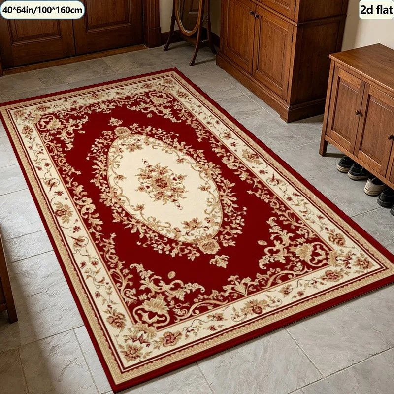 Luxury Red European Vintage Floral Medallion Carpet Flooring Square Area Rug Non‑Slip Washable Floor Carpet for Hall Living Room