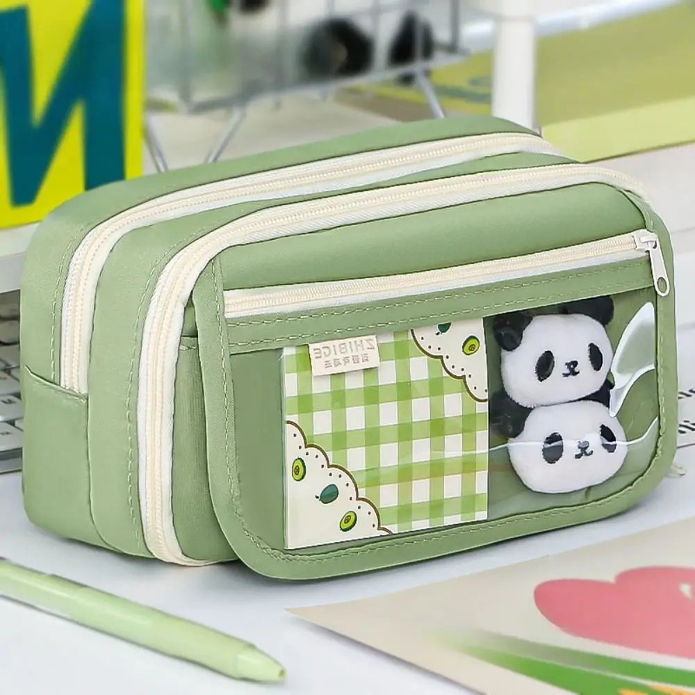 Large Capacity Panda Pencil Cases Multifunctional Portable Cartoon Pencil Case 9 Grid With Front Pocket Stationery Storage Bag