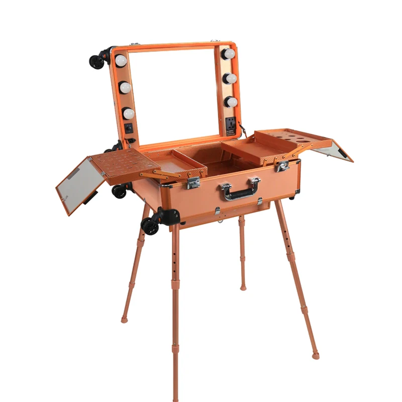 

Professional Travel Makeup case with Light and Mirror Salon Makeup Station Makeup Trolley with Bulbs on Wheels