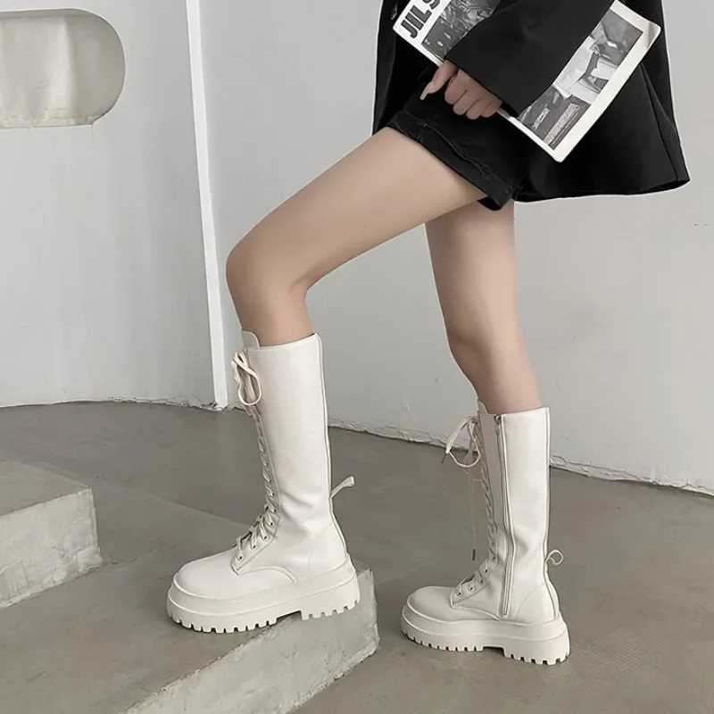 2024 New Women Motorcycle Knee-high Boots Woman Fashion Thick Sole Platform Flats Heels Zipper Botas Femininas Long Booties