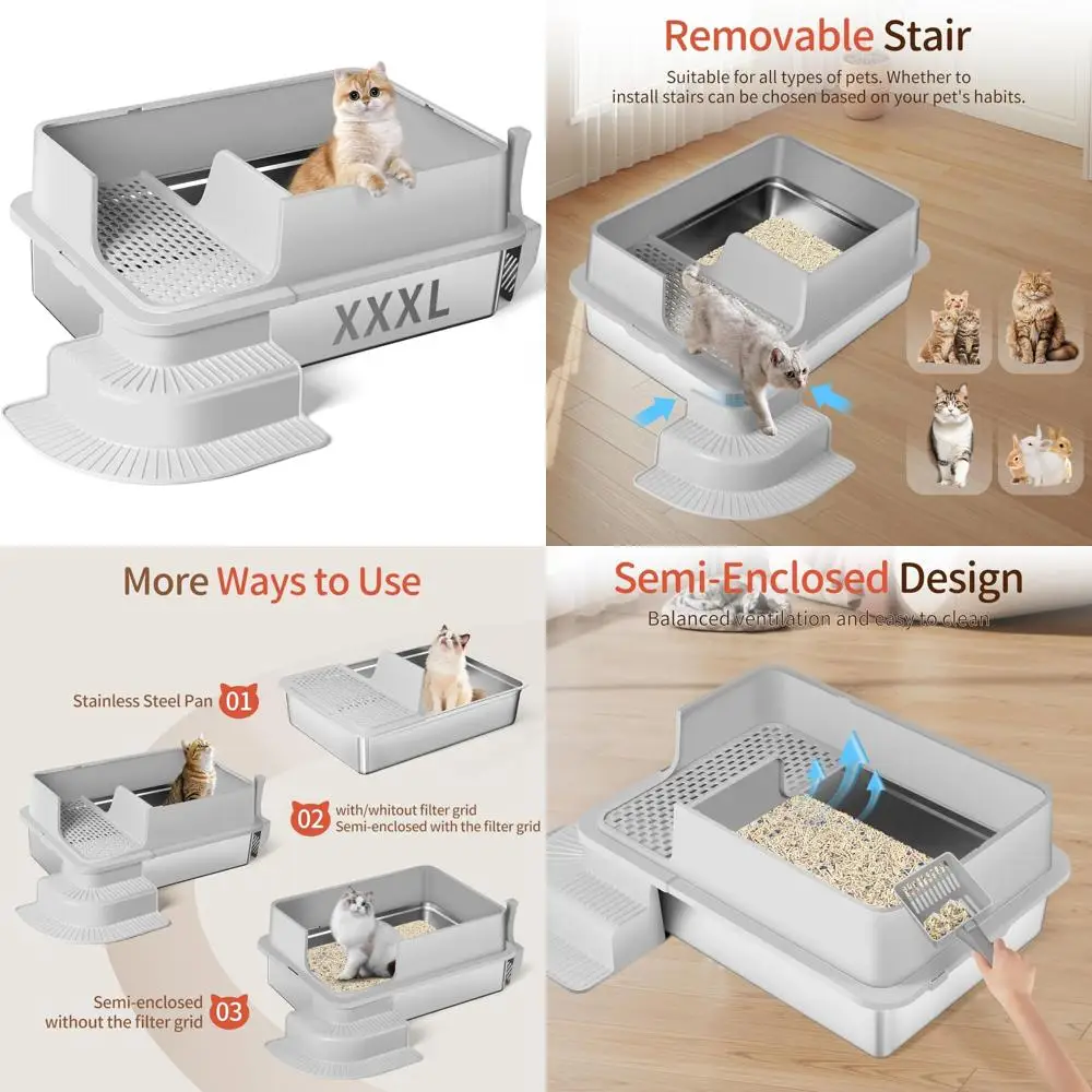 

Очень большой полузакрытый металлический ящик для кошачьего туалета с фильтрованной сеткой, высокими боками, ступеньками и совок — нержавеющая сталь 28x20x12 дюймов