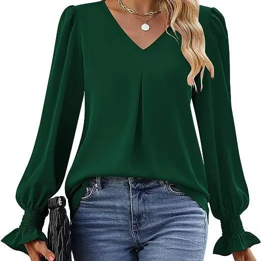 Long Sleeve Shirt Women\'s Spring Solid Color V Neck Bell Sleeve Fashion High Street Black Top Elegant Blouse for Women