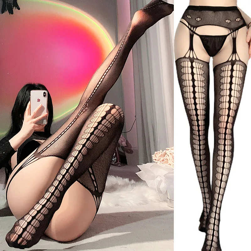 New Sexy Fishnet Suspenders Stockings Women Sexy Lingerie Mesh Garters Knee Socks Erotic Tights Open Crotch Pantyhose With Belt