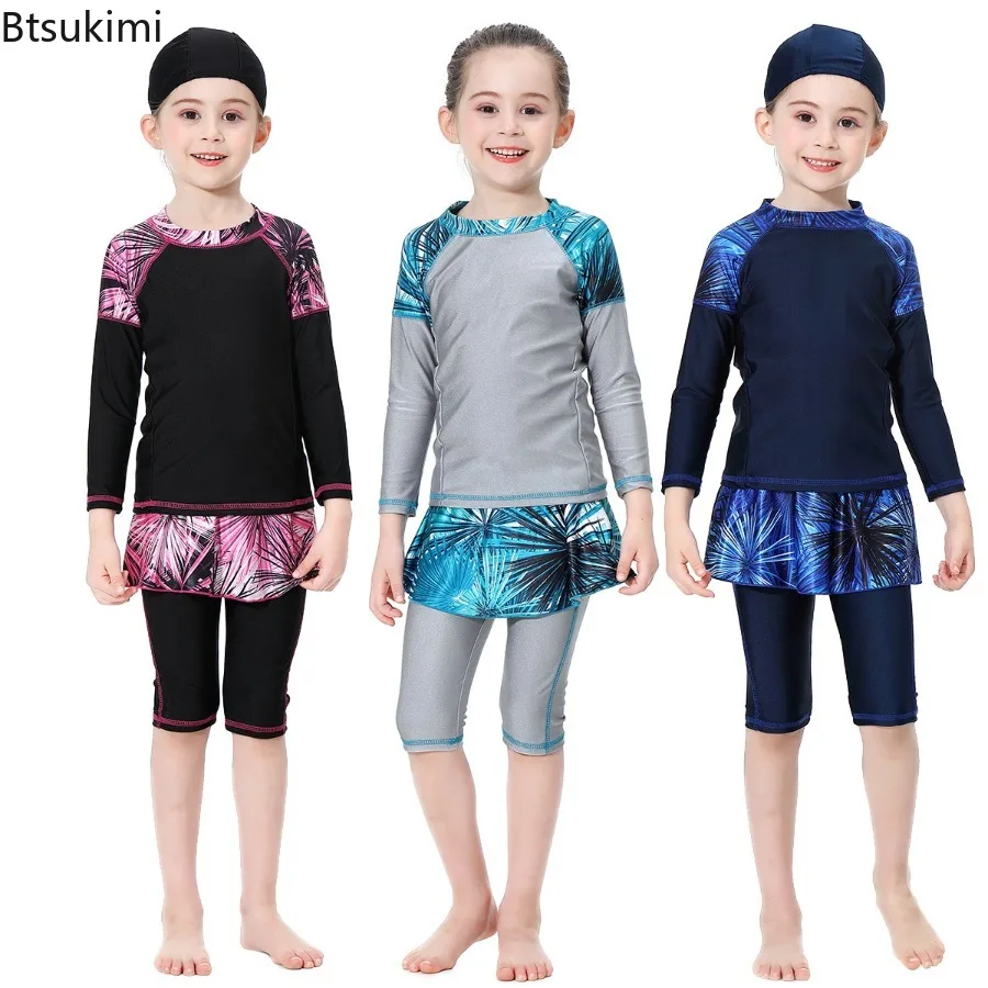

3-piece Sets Muslim Swimwear for Girls Long Sleeve Splice Conservative Swimsuit Islamic Children Burkini Swimming Suit Musulmane