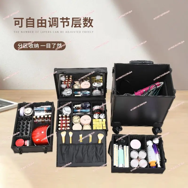 Professional makeup artist with lamp mirror trolley case Large capacity premium bridal cosmetics storage case