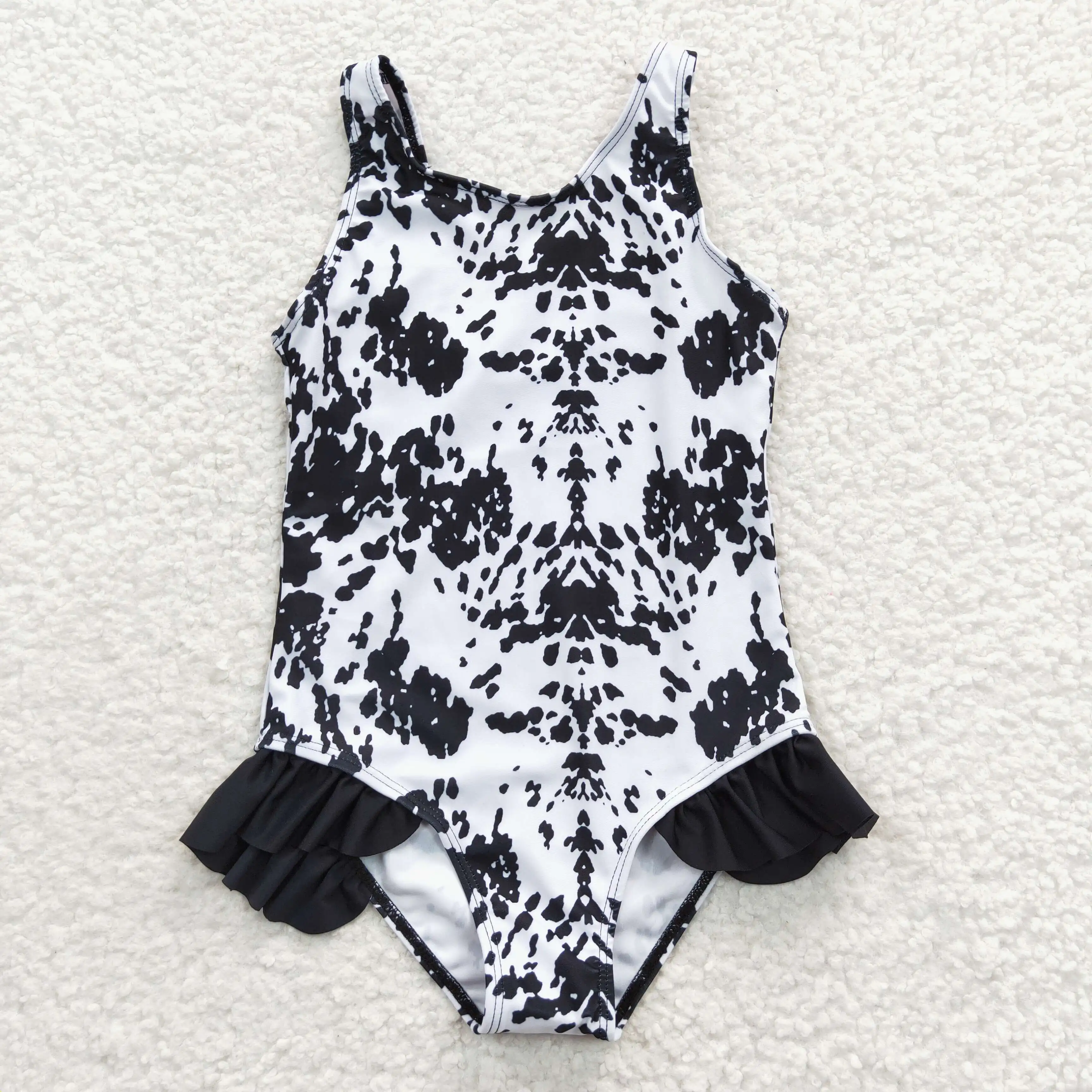 

New Design RTS Black Ink Pattern Toddler Beachwear Baby Girls Summer Swimsuits K​ids One Piece Swimwear