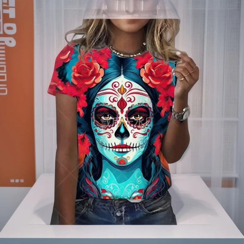 

Женская футболка «Мексиканский день мертвых» с 3D принтом розы Catrina Goddess, футболки с круглым вырезом и короткими рукавами, уличная одежда Y2k, одежда для девочек