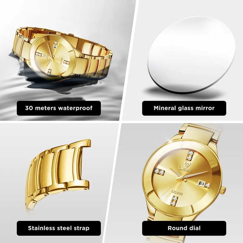 LIEBIG Fashion Golden Luminous Dispaly Quartz Watches Girl Luxury Full Steel Strap Waterproof Wristwatch Woman Clock Reloj Hombr