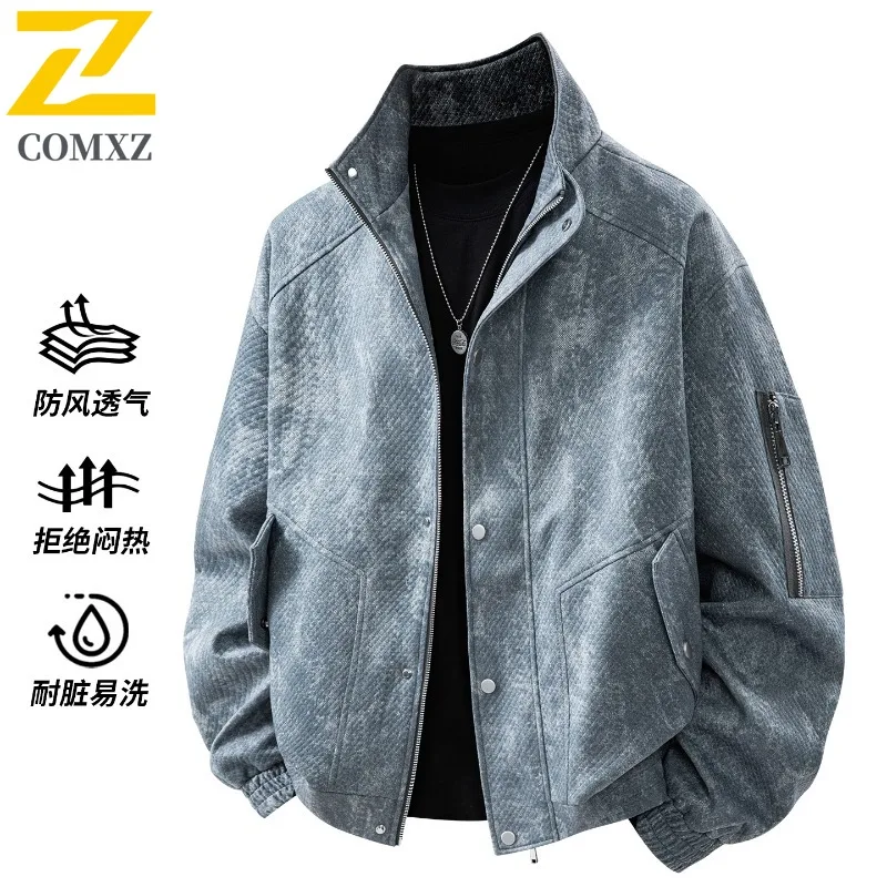 

COMXZ Spring New Big Size Jacket Men Hooded Loose Fit Workwear Turn Down Collar Hong Kong Style Menswear lightweight windbreaker