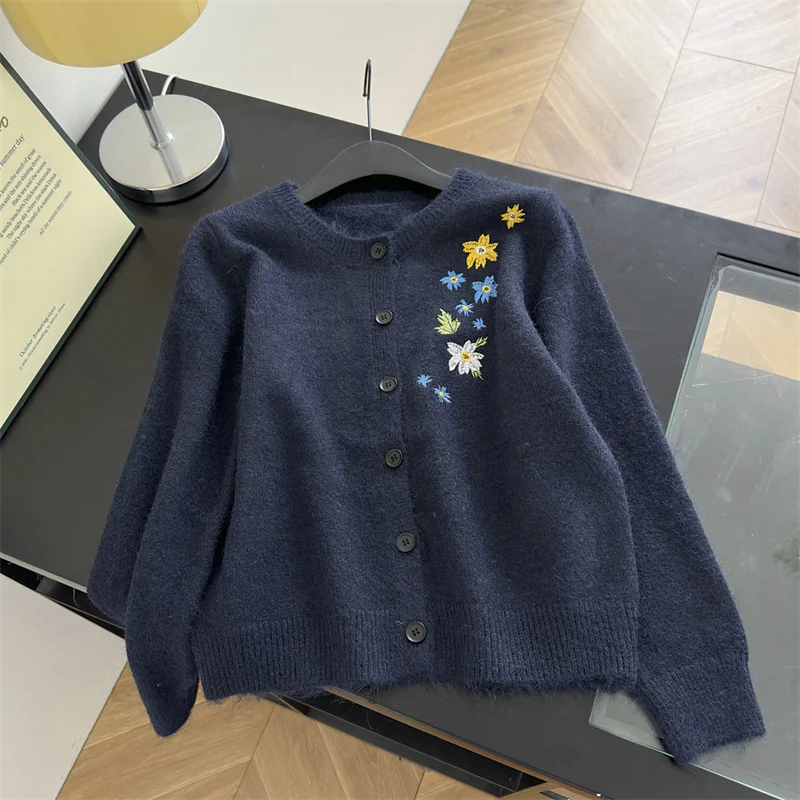 

Женский зимний вязаный кардиган с цветочной вышивкой, кардиган с круглым вырезом и длинными рукавами Y2K, японский топ в стиле Харадзюку в стиле ретро, свитер