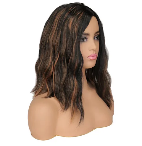 Wig keriting coklat pendek untuk wanita, Wig gelombang tampilan alami gelombang keriting lembut nyaman