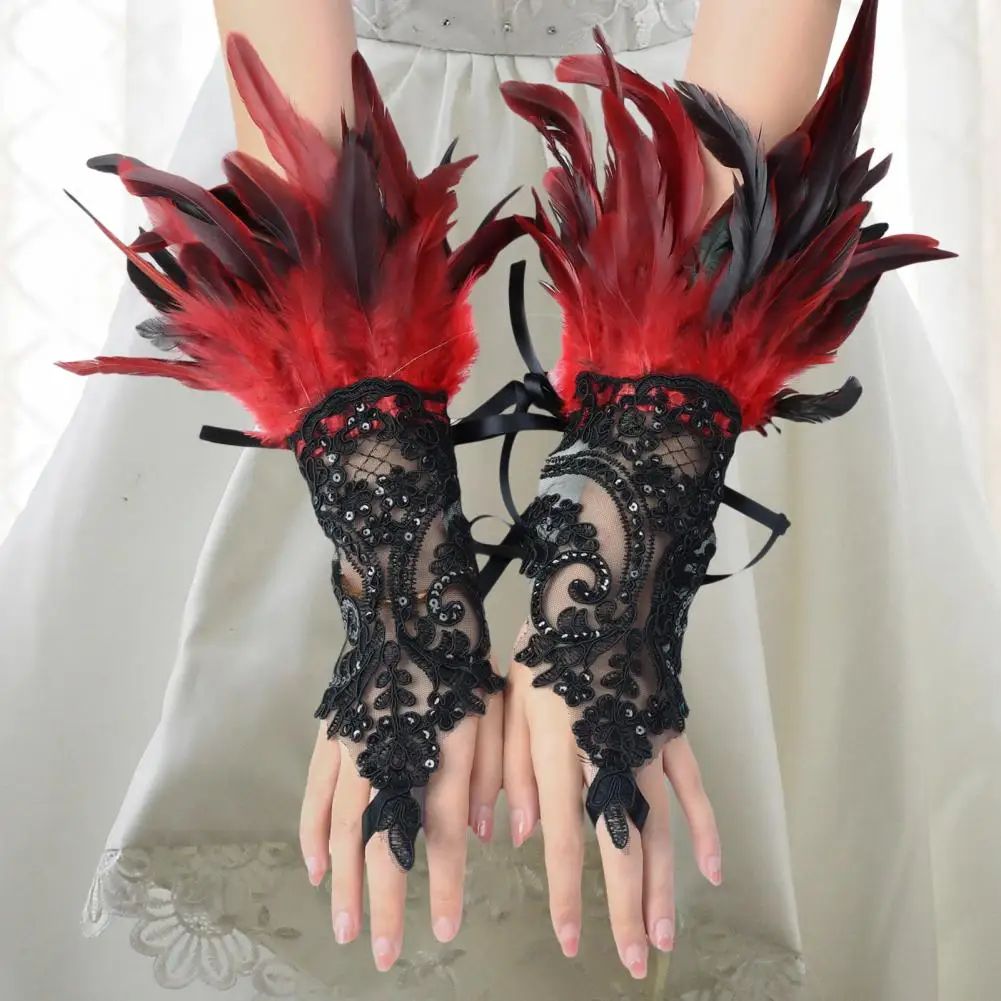 Party Glove Lace Bracelet Sleeve Elegant Gothic Lace Feather Gloves for Halloween Party Stage Accessory Women\'s Embroidered Mesh