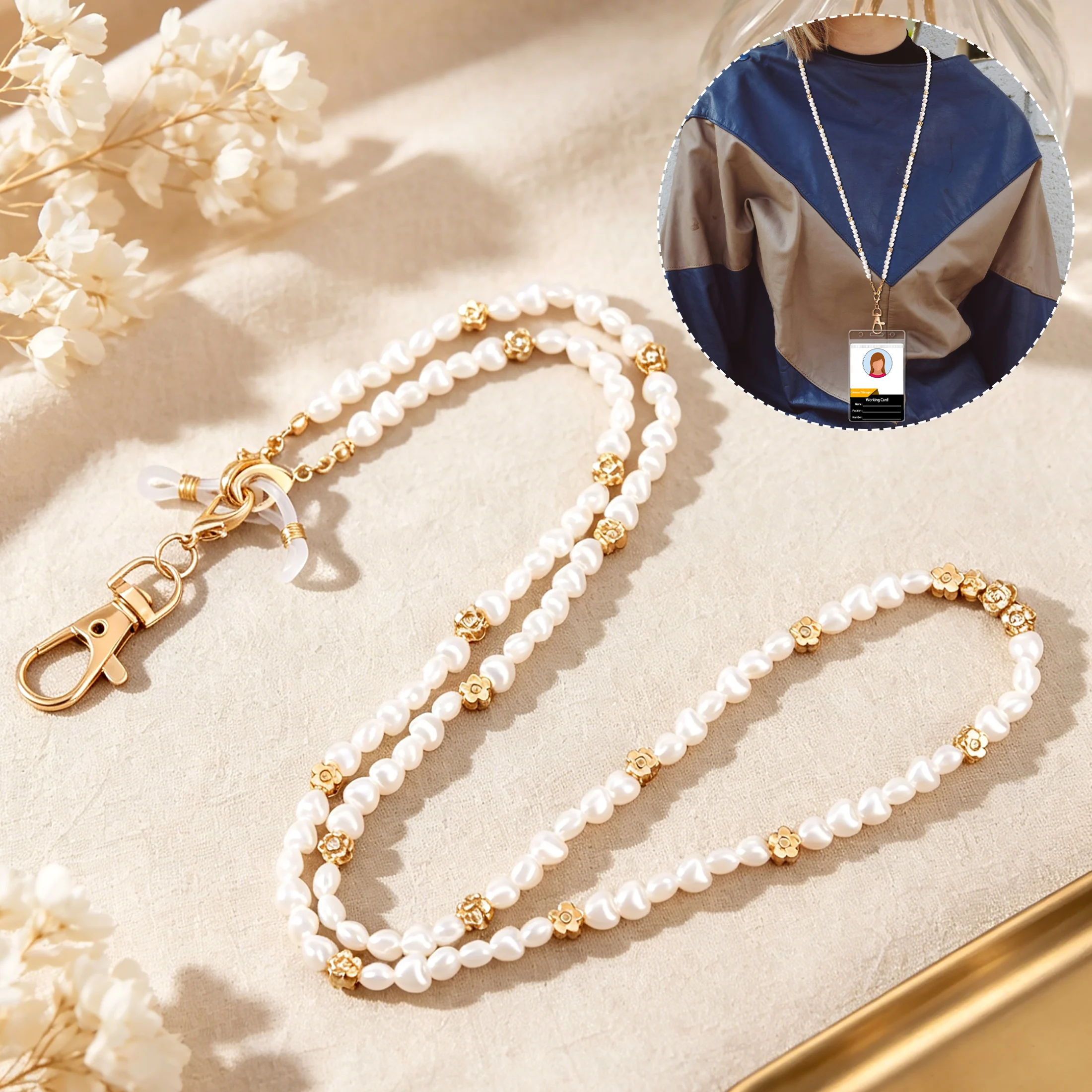 Multi-functional Pearl Lanyard Neck Strap, Faux Baroque Pearl Beaded Elegant Glasses Chain & ID Badge Holder Hanging Cord