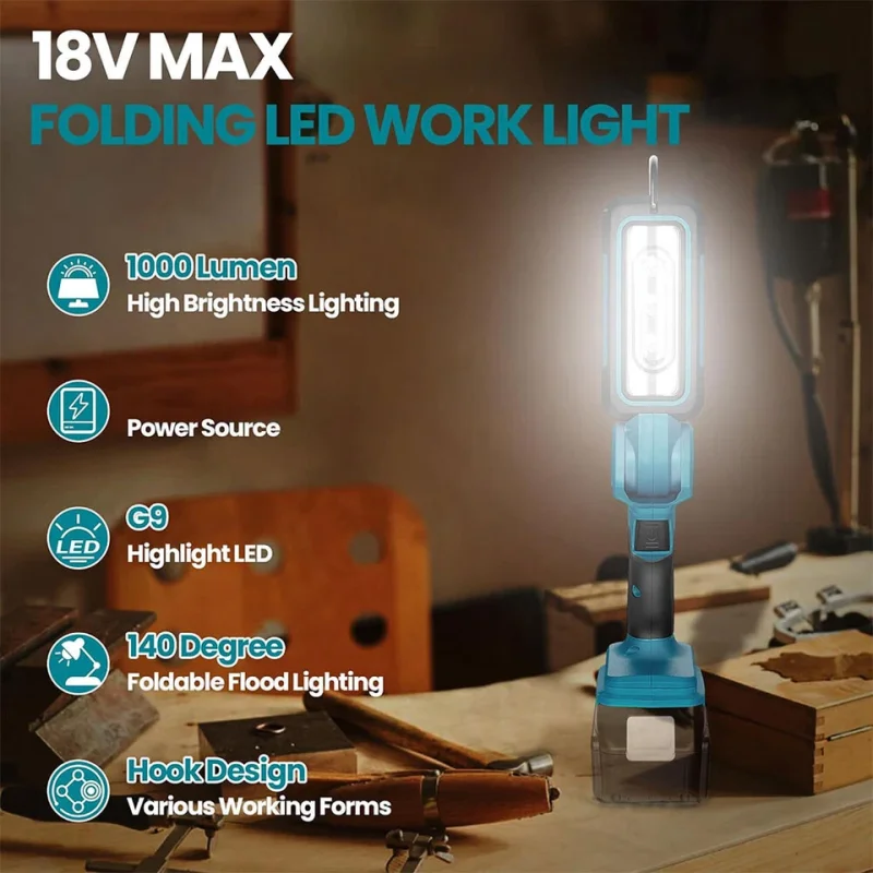 For Makita 18V Li-ion Battery Cordless LED Work Light 140° Rotating Head Handheld Torch Foldable Flashlight Camping Flood Light