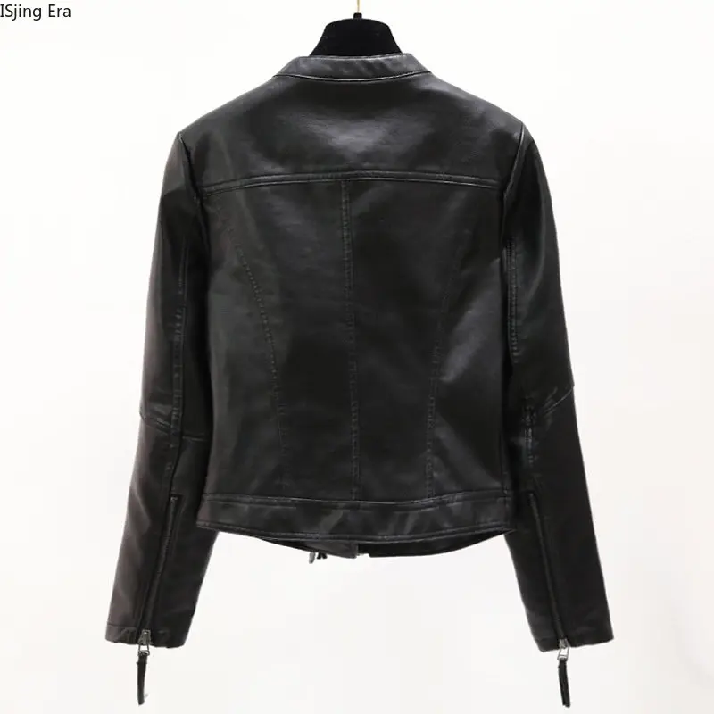 2023 Women Spring and Autumn New Motorcycle Wear PU Leather Jacket Simple Slim Standing Collar Leather Jacket X8