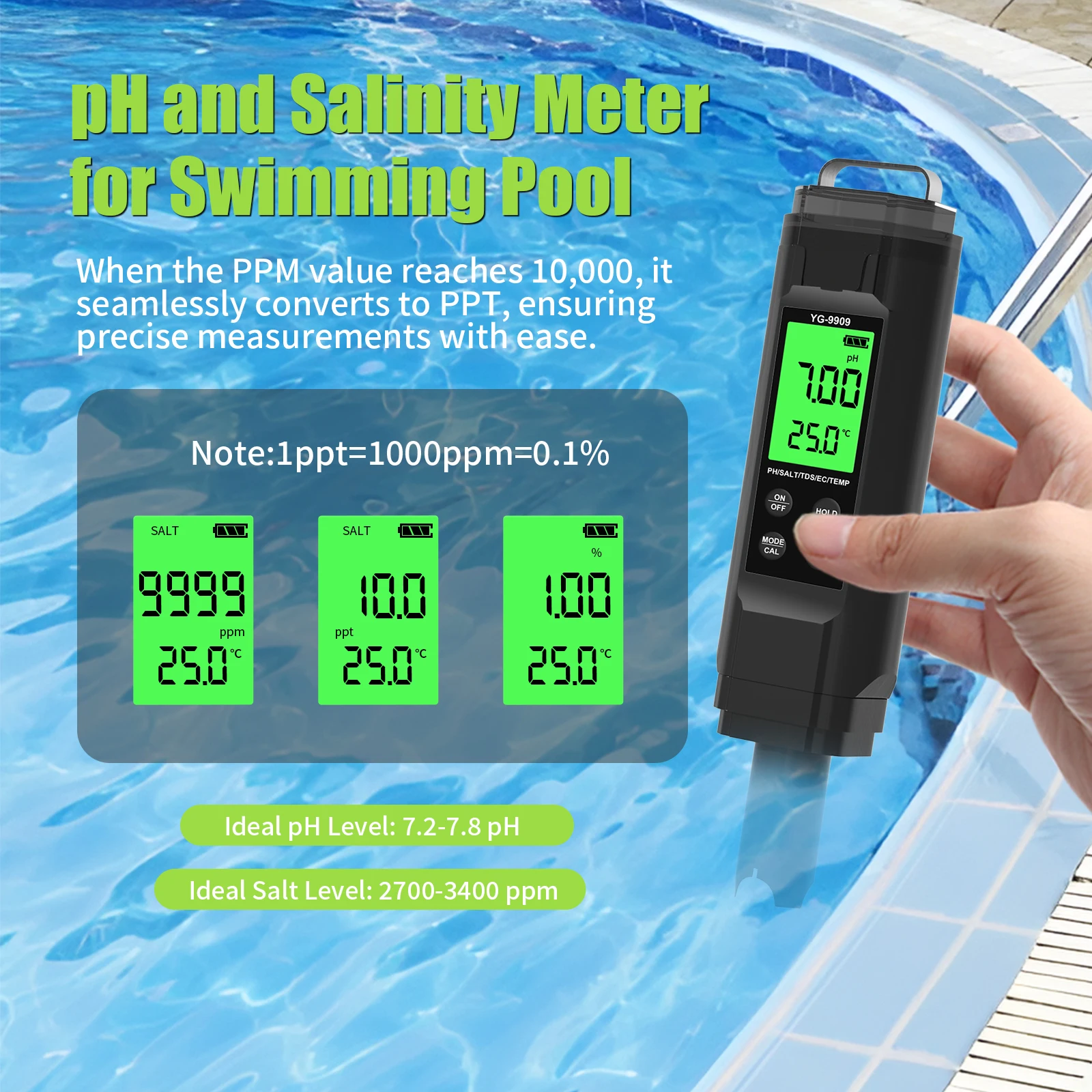 Professional 5 in 1 PH TDS EC SALT TEMP Meter High Precision Aquarium Swimming Pool Water Quality Tester Monitor for Hydroponics