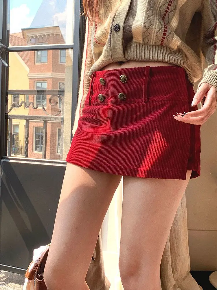 American Retro Corduroy Hip Pants Women's New Metal Buckle Short Skirt Pants