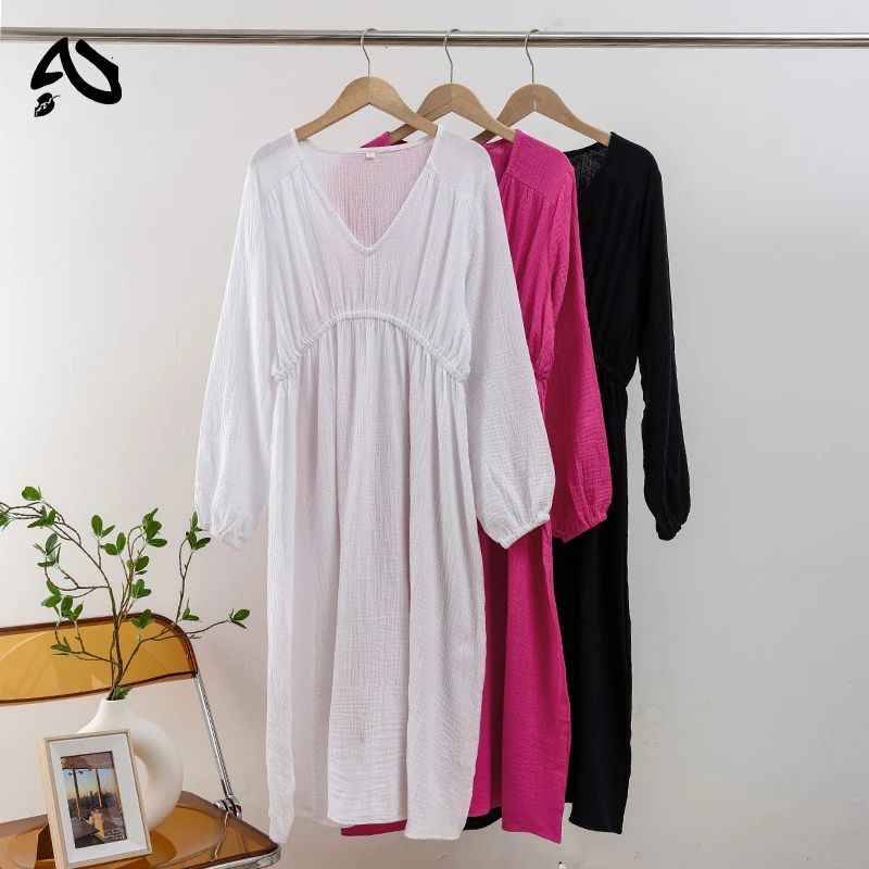 Original Elegant 100% Cotton Dress Long Sleeve V-Neck High Waist Evening Party Dress Women Robe Mori Girl White Midi Dresses