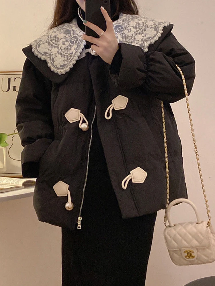 Oversized Warm Parkas Women Winter Long Sleeve Cotton Quilted Coat Female Korean Fashion Sweet Lace Doll Collar Loose Outerwear