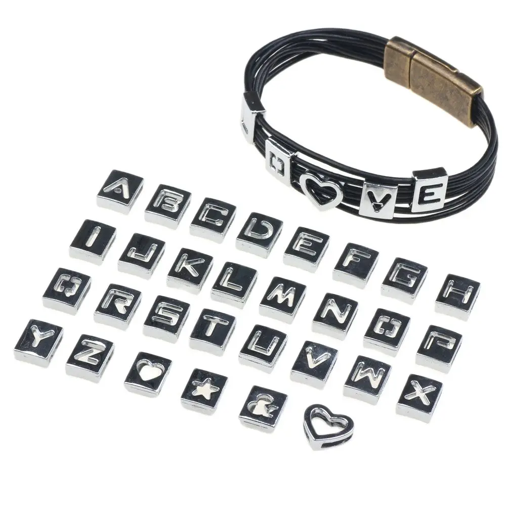 A-Z quadrato lettera liscia stile di movimento Slider distanziatore per 8mm cavo di cuoio piatto braccialetto collana regalo fai da te creazione di