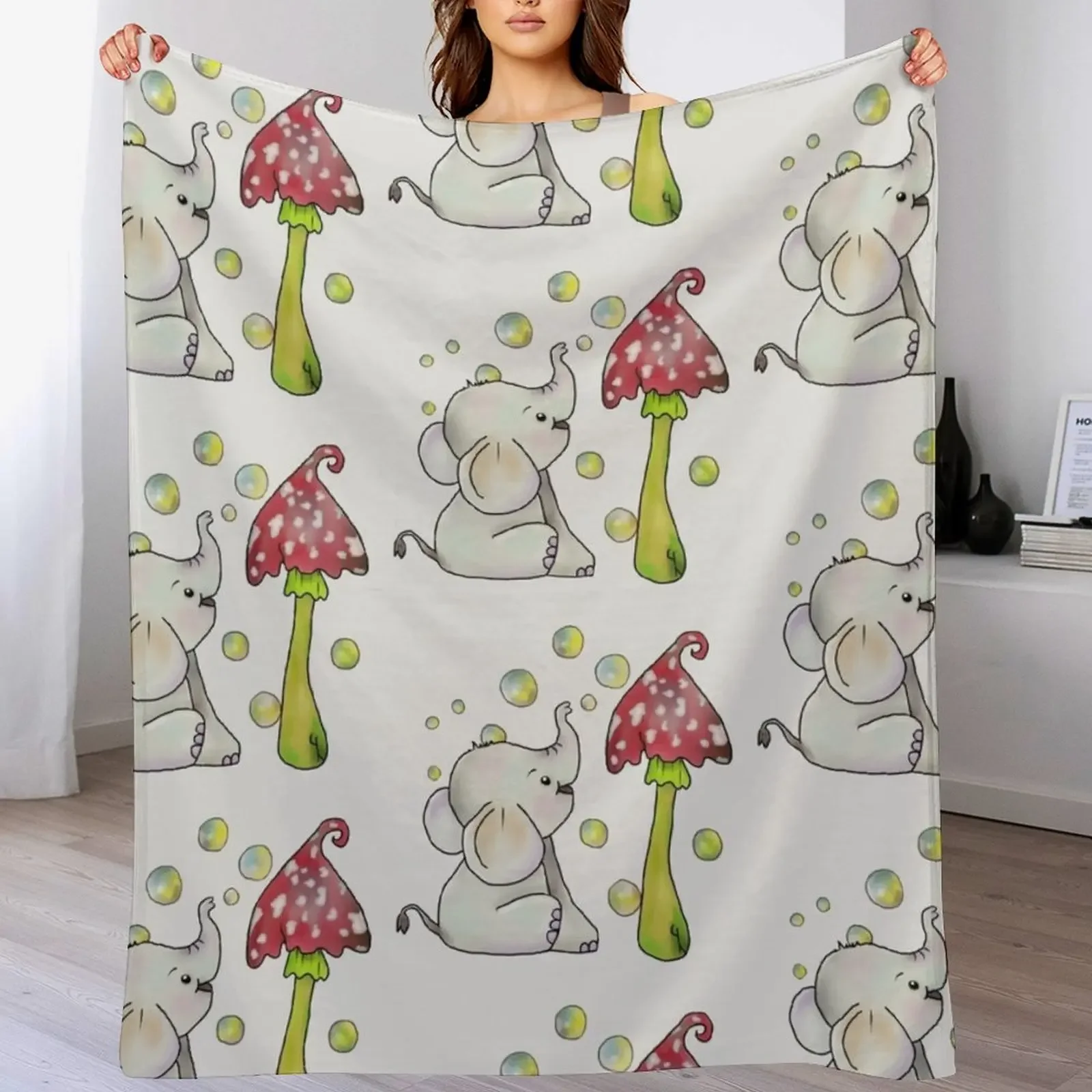 

Elephant and mushroom Throw Blanket Color Fast Cozy Throw Blanket