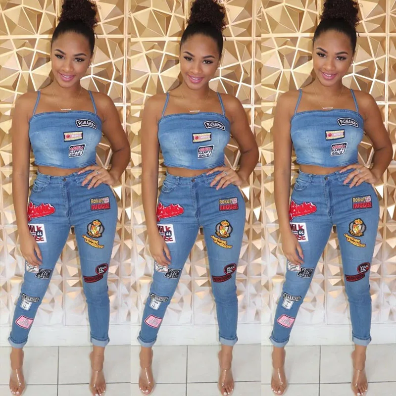 Fashion Women\'s Jeans Set Sexy Off Shoulder Strap Camisole Tops and High Waist Skinny Jean,Cartoon Sticker Jeans Casual Set