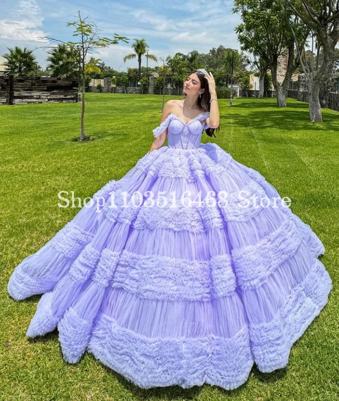 Vestido de princesa fora do ombro, Laço doce Glitter trem, roxo luxuoso, roxo lilás, 15 vestidos Quinceanera, México 15