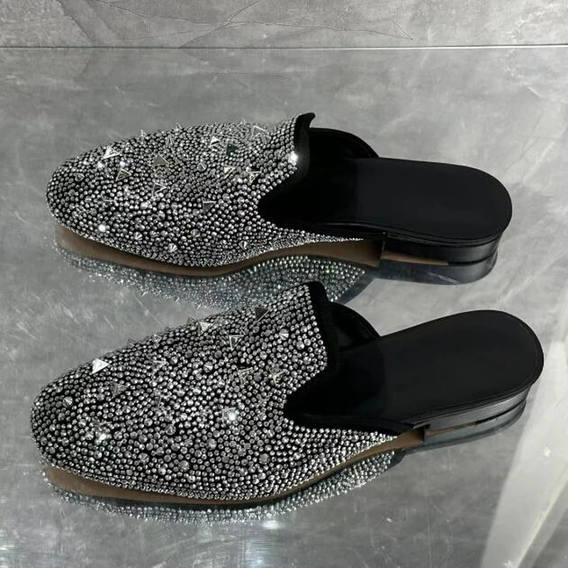 

Glitter Triangle Metal Rivets Full Crystal Slipper Square Toe Flat Men Loafer Sandals Slip On Rhinestone Man Shoes