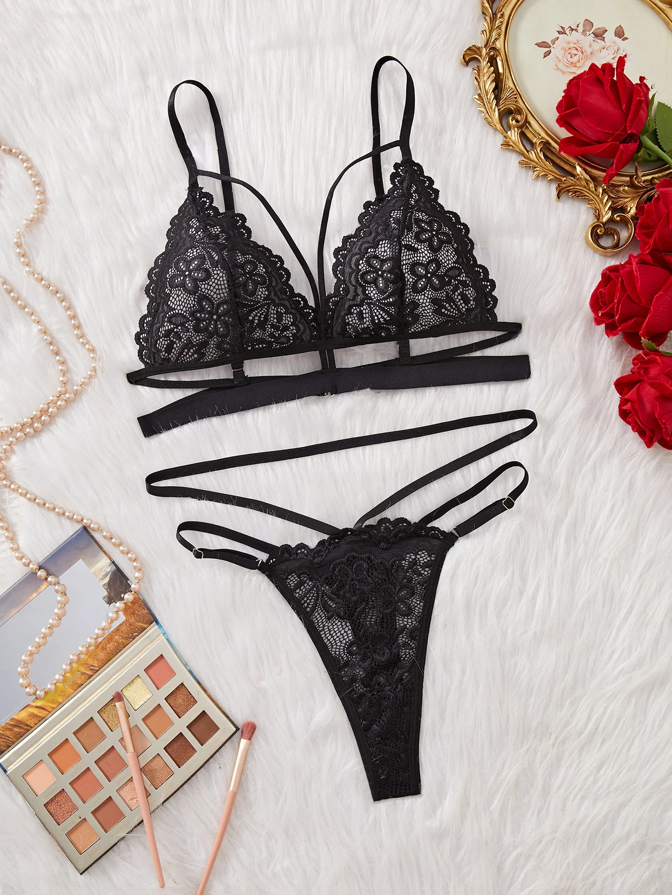 

Bra Brief Sets Female Transparent Sexy Romantic Lingerie Black Lace Underwear Flowers Sensual See Through Erotic Sets