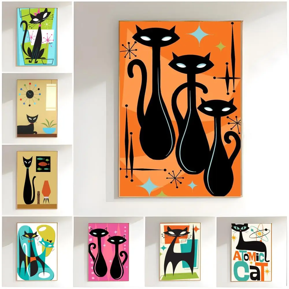 Mid Century Black Cat Poster Classic Wall Art  Home Decor  Peel and Stick Unframed