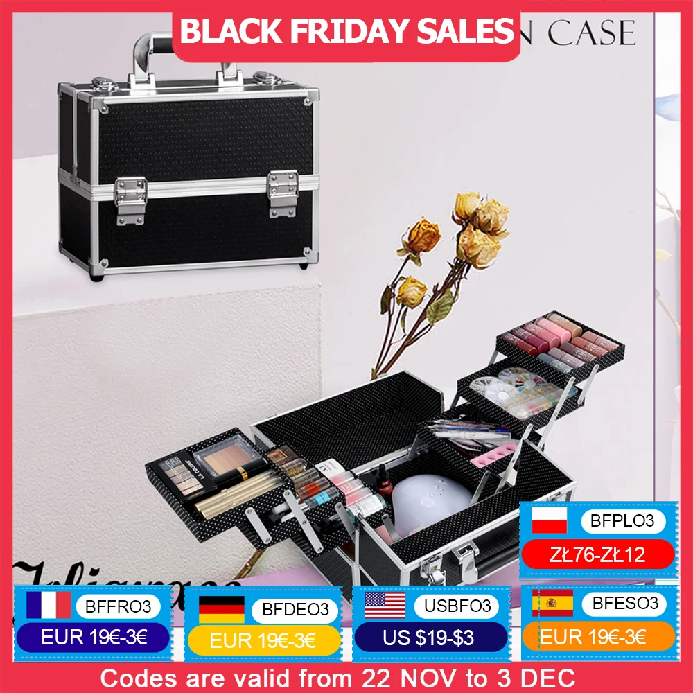 Professional Nail Suitcase Travel Portable Large Capacity Manicure Makeup Case with 6 Trays Makeup Box Keys for Make-up Artists