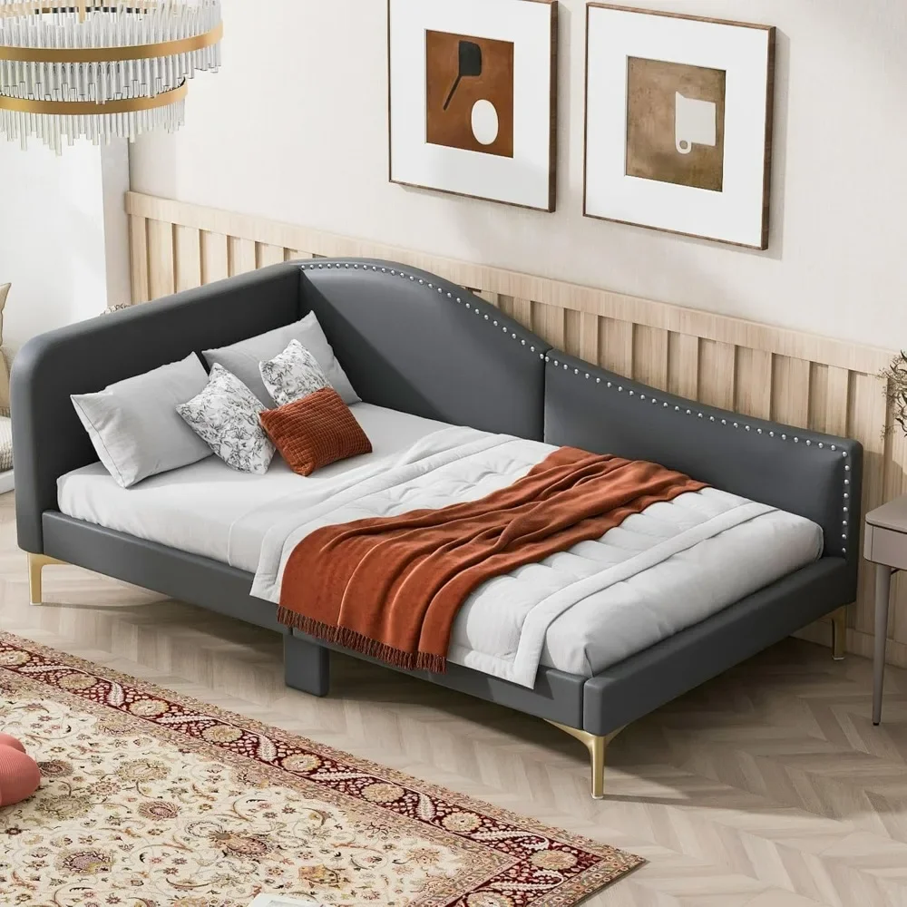 Sofá cama tapizado tamaño doble con cabecero y reposabrazos, estructura de cama con patas de soporte, no necesita somier, estabilidad, camas