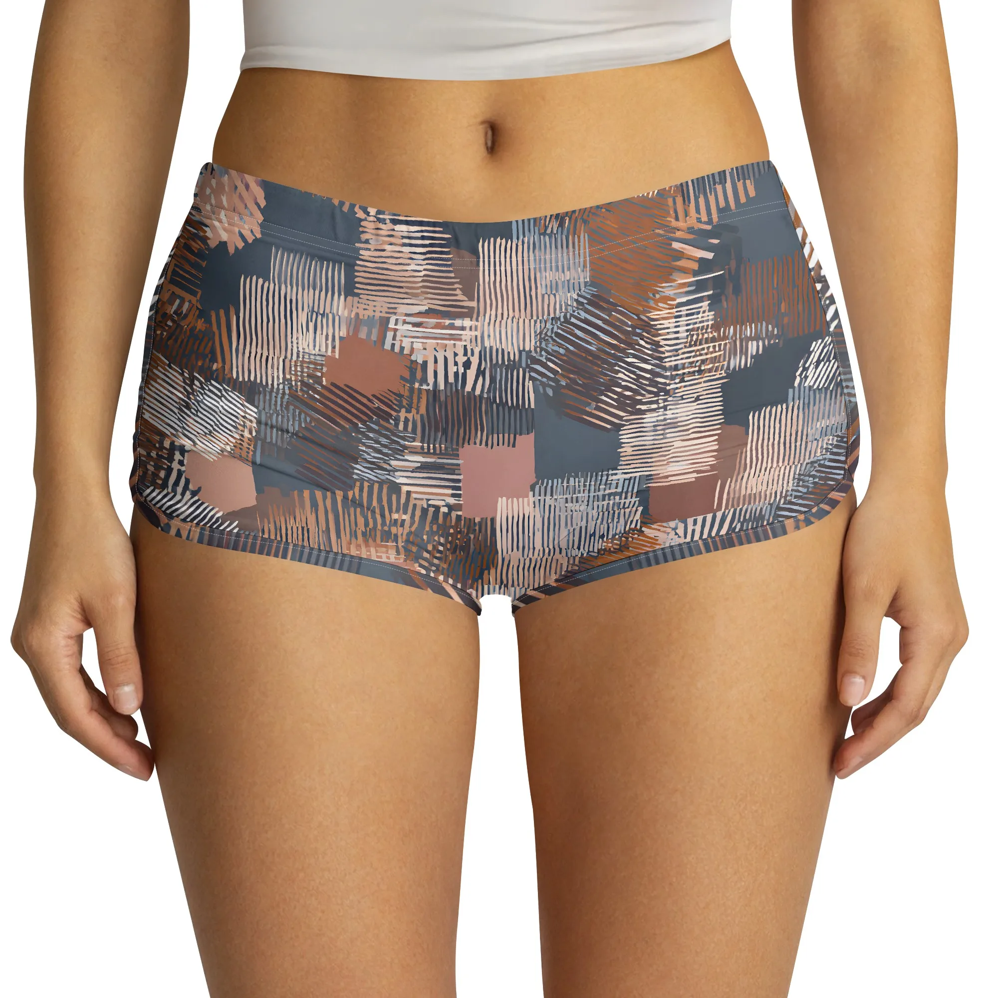 Abstract Brushstroke Shorts, Geometric Print Bottoms, High Waisted Gym Wear, Artistic Summer Hot Pants for Women, S-2XL