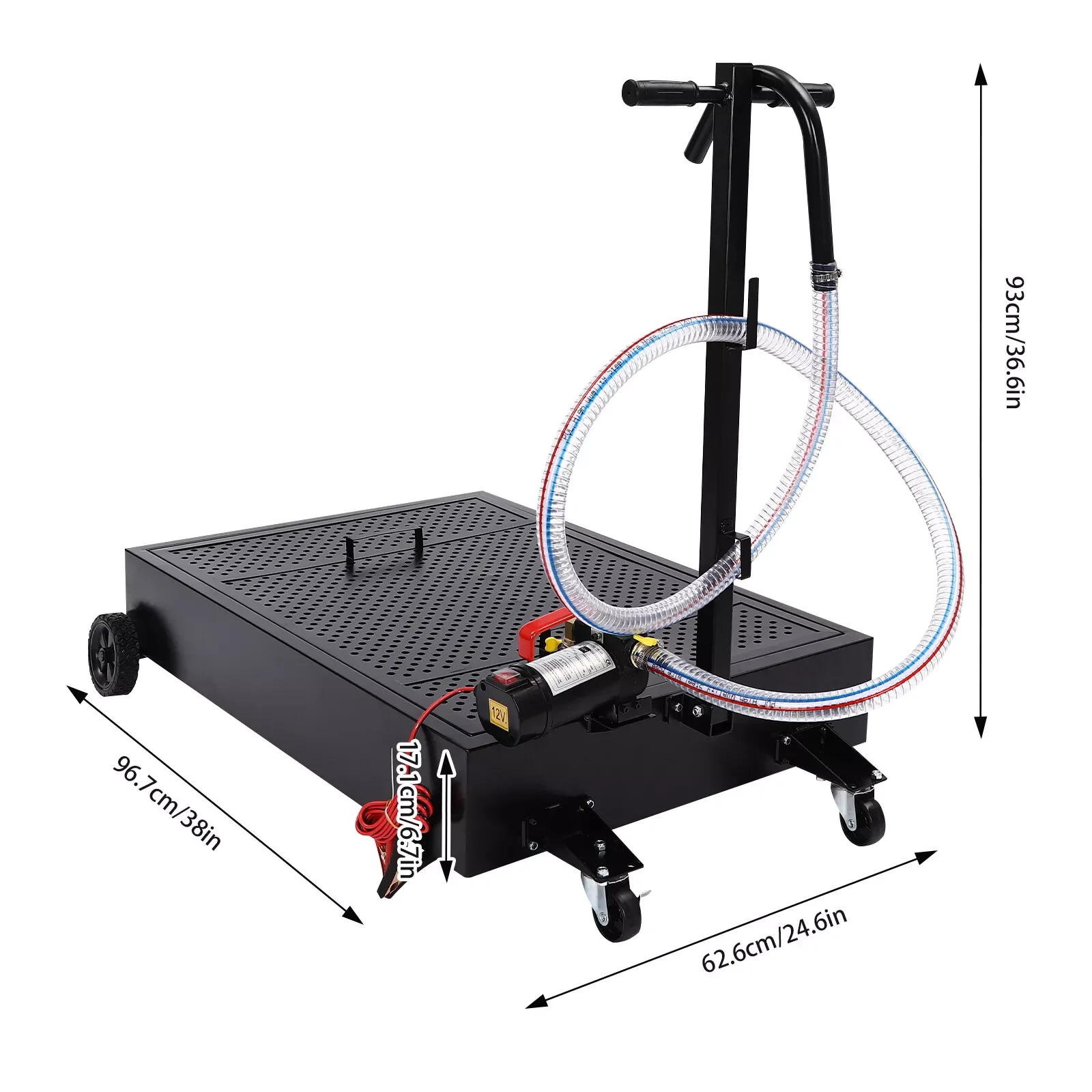 25 Gallon Low Profile Heavy Truck Car Oil Drain Pan w/ Electric Pump & Wheels, Oil Drain Pan Cart 40L/min 7.2ft