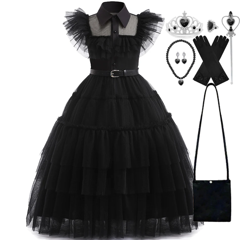 New Girls Wednesday Dress Children Addams Halloween Black Family Clothes Kids Dancing Cosplay Costume Princess Christmas Fantasy