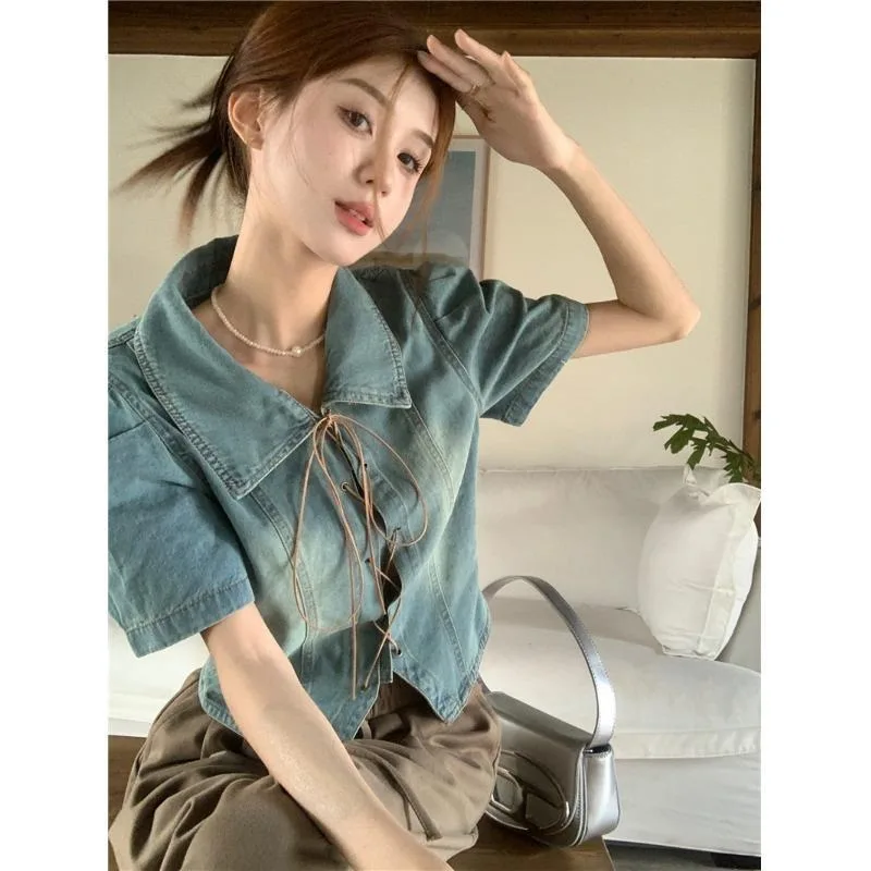 Niche Tie Denim Shirt Female Summer 2024 New Short-sleeved Women Y2K T-shirt Slim Lapel Harajuku Retro Tops Aesthetic Clothing