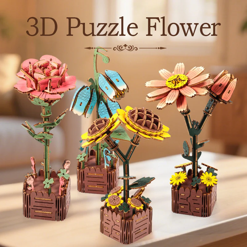 3D-Blumen-Holzpuzzles, DIY-Modellbausatz mit Holzblumen, Bauset, Basteln für Erwachsene zum Bauen, Geschenkideen aus der botanischen Sammlung
